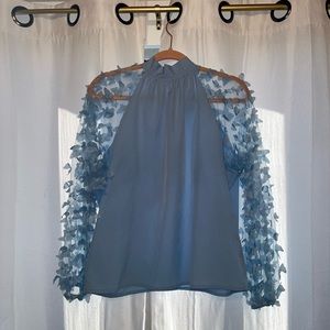 Pale blue, SHEIN, mesh and tule butterfly sleeve, tie-back blouse